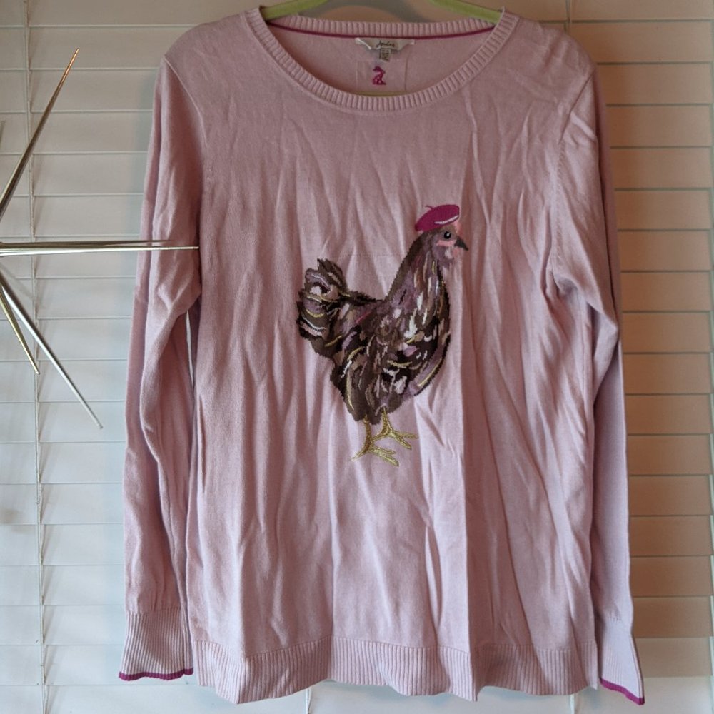 Joulles Miranda Pink Chicken Knitted Intarsia Crew Neck Sweater Size 12